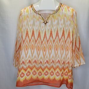Alfred Dunner Orange Yellow Geo Batik Print Blouse, 12